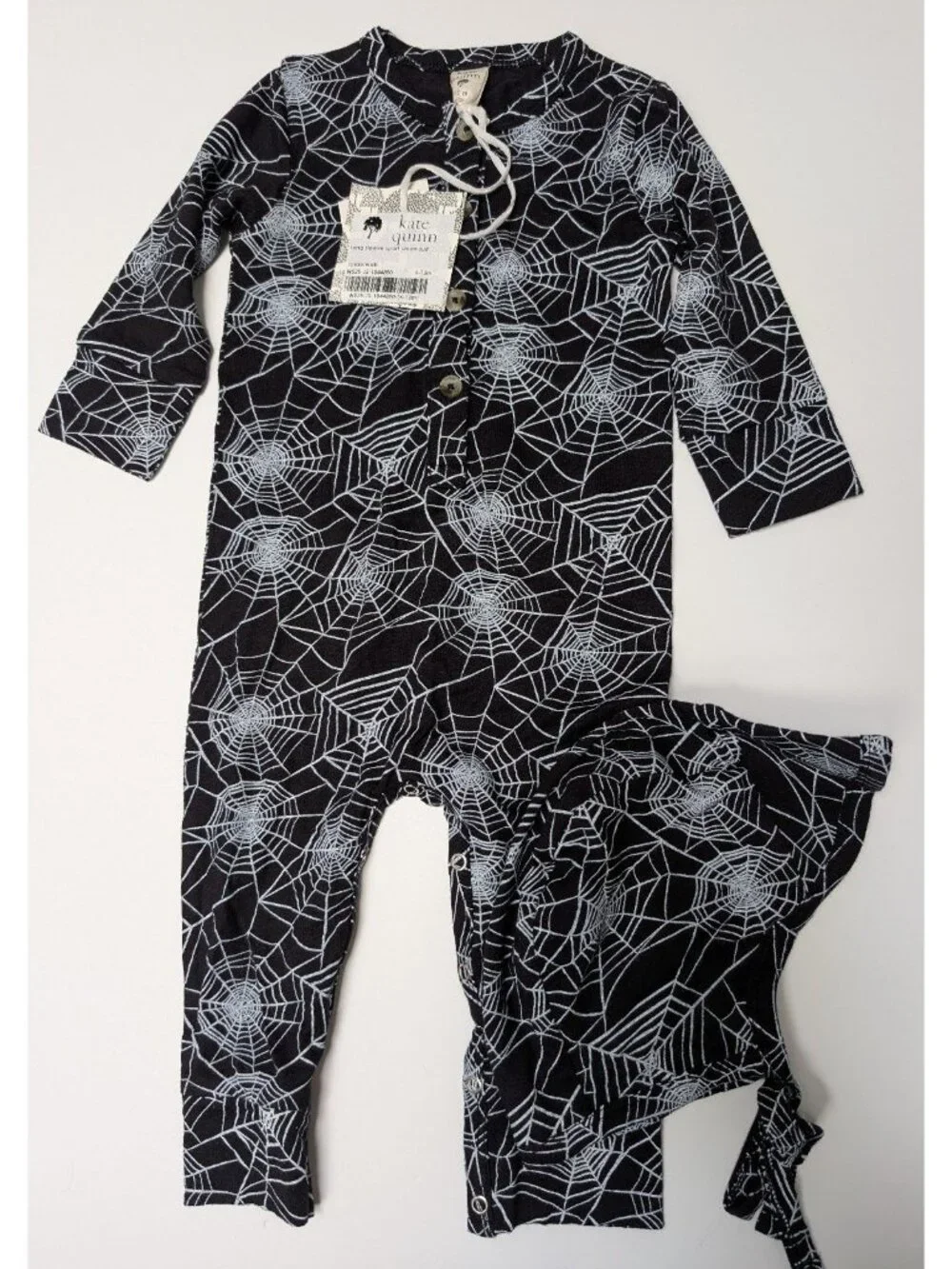 Kate Quinn Bamboo Spooky Halloween Jumpsuit Spiderwebs 6-12 & Bill Hat